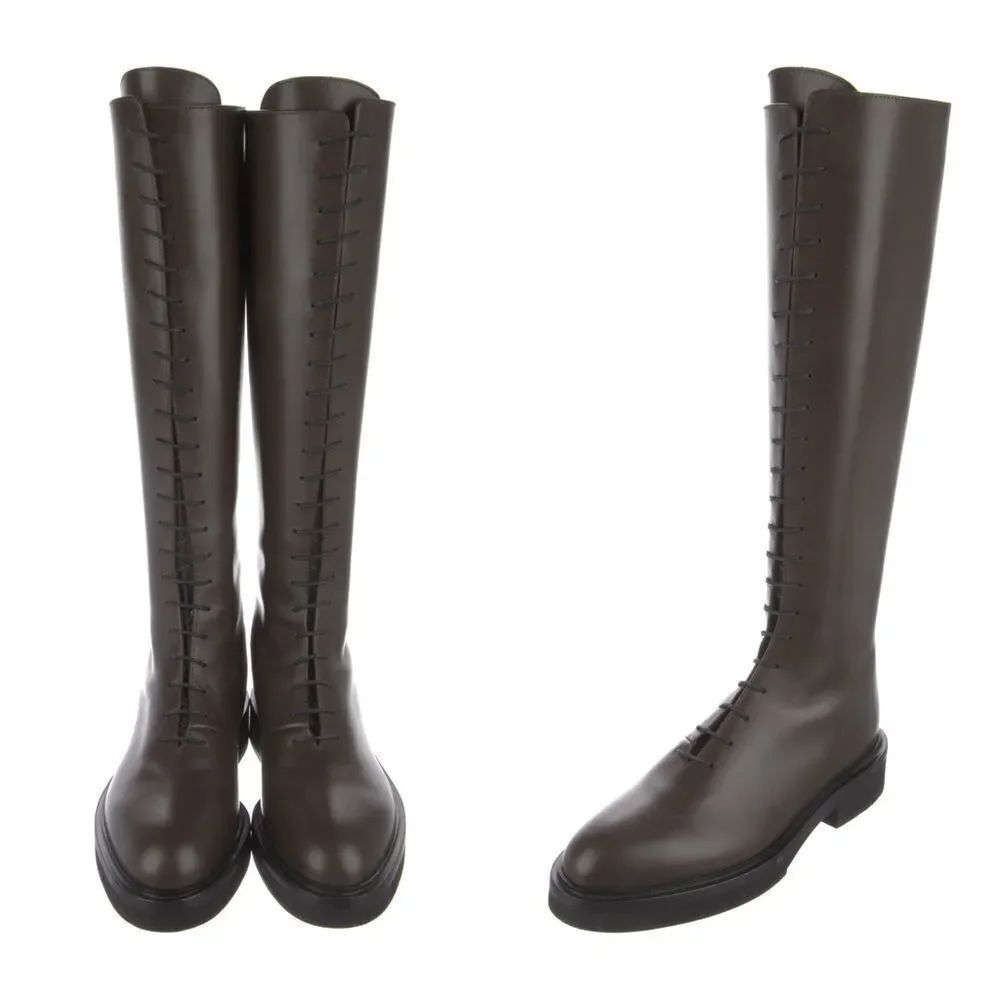 KHAITE LEATHER Lace up riding boots in brown